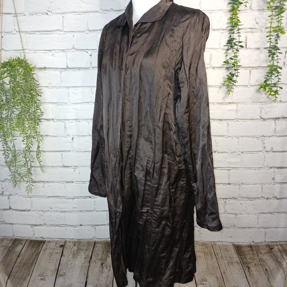 EILEEN FISHER LONG CRINKLE TOP COAT, WOMENS, METALLIC BLACK, SIZE SMALL - Picture 1 of 12